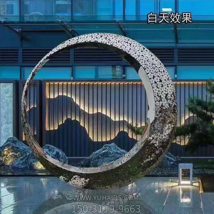 金屬景觀酒店水景 鏡面鏤空發光圓環 不銹鋼圓環雕塑