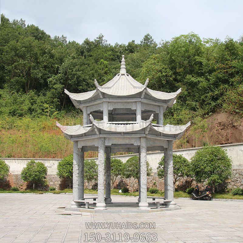 仿古建筑復式斗拱鼎寺院擺放青石雕刻涼亭雕塑