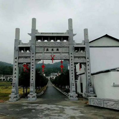 景區村入口擺放青石仿古建簡易門樓牌坊雕塑擺件