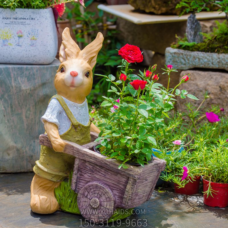 公園景區玻璃鋼彩繪推著花盆車的兔子雕塑