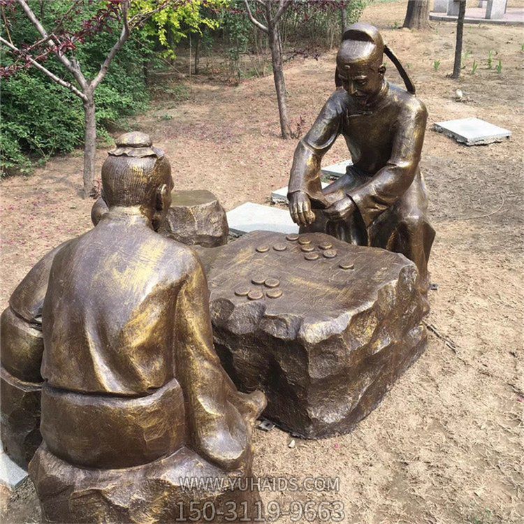 下棋，古代人物玻璃鋼仿銅場景雕塑